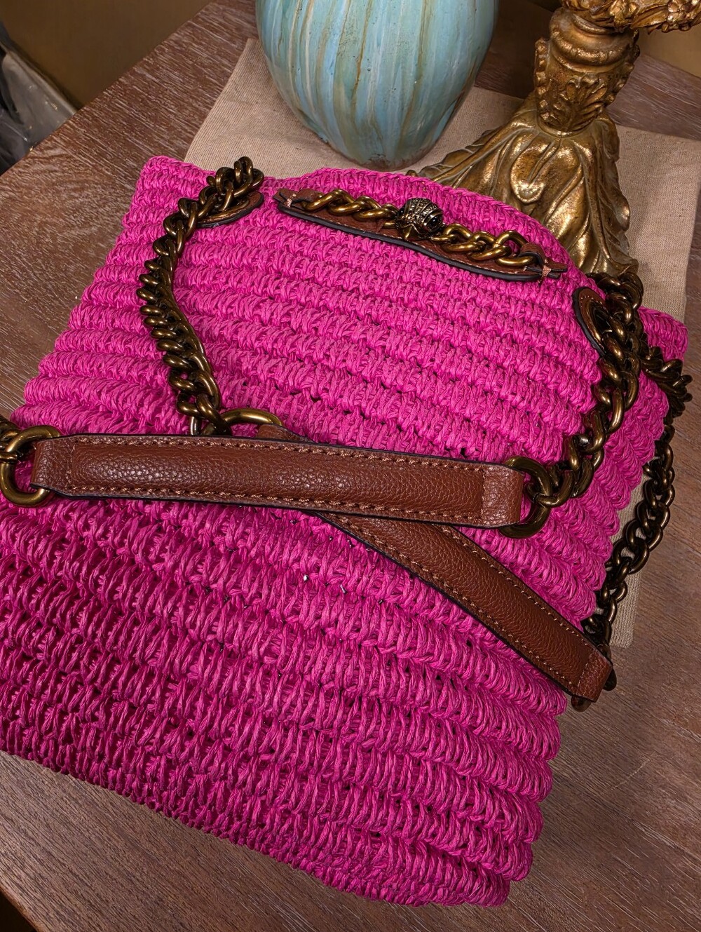 Kurt Geiger Hot Pink Brixton Raffia Chain-Handle Tote Shoulder Bag (Retail $285) - Picture 13 of 14